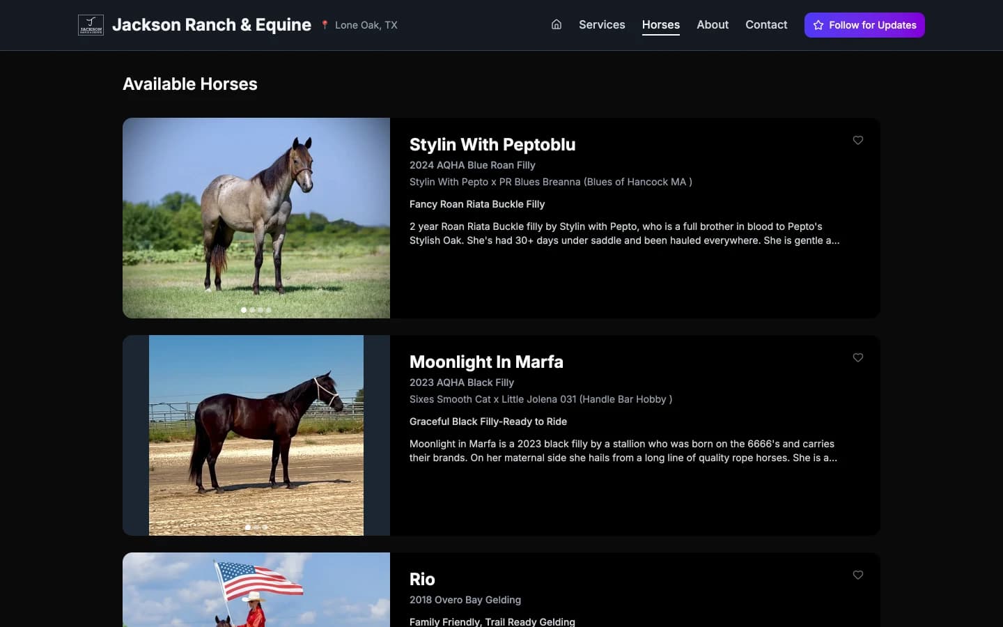 Horses for sale page on a ReachEquine site