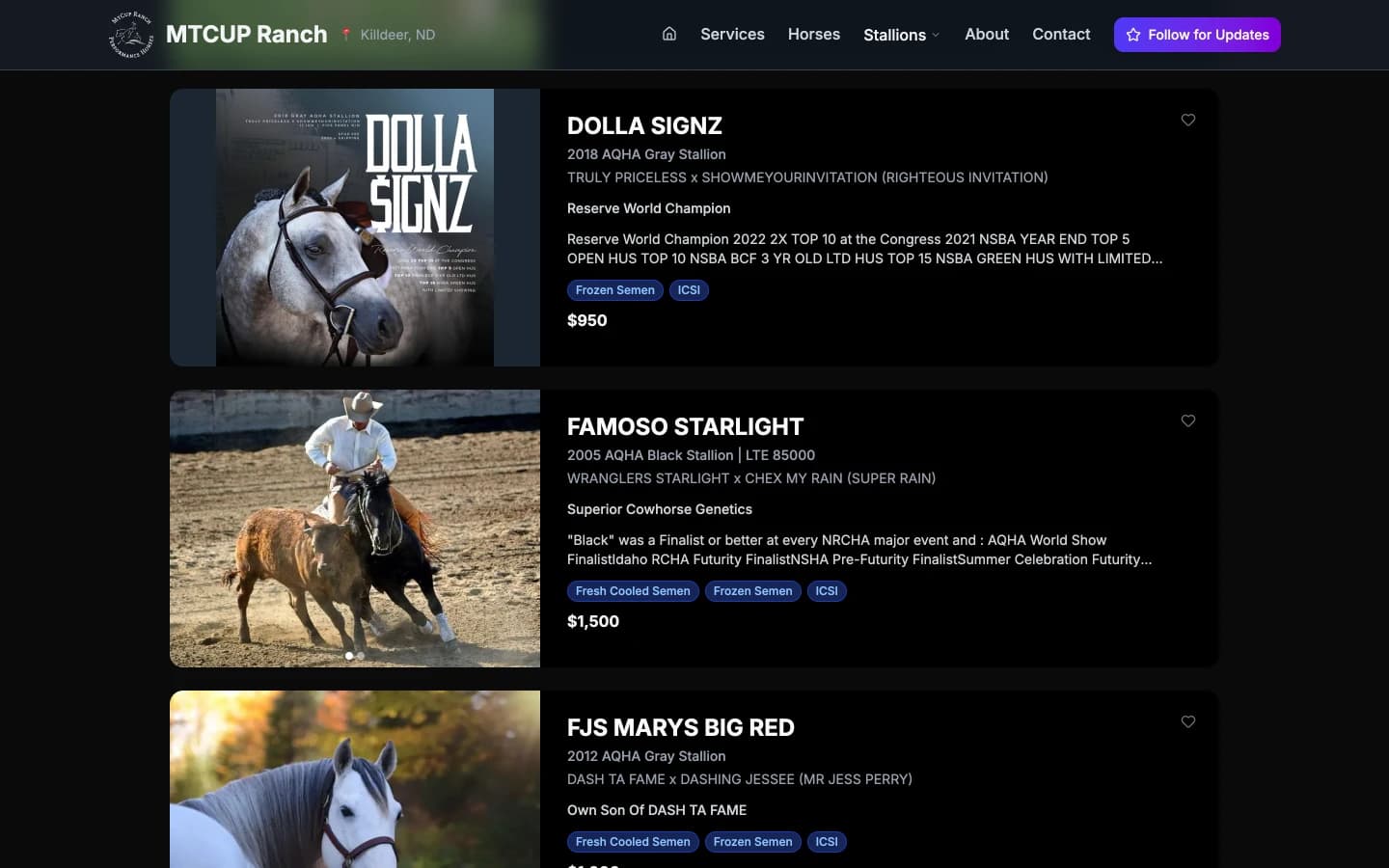 Stallion listings with stud fees and availability